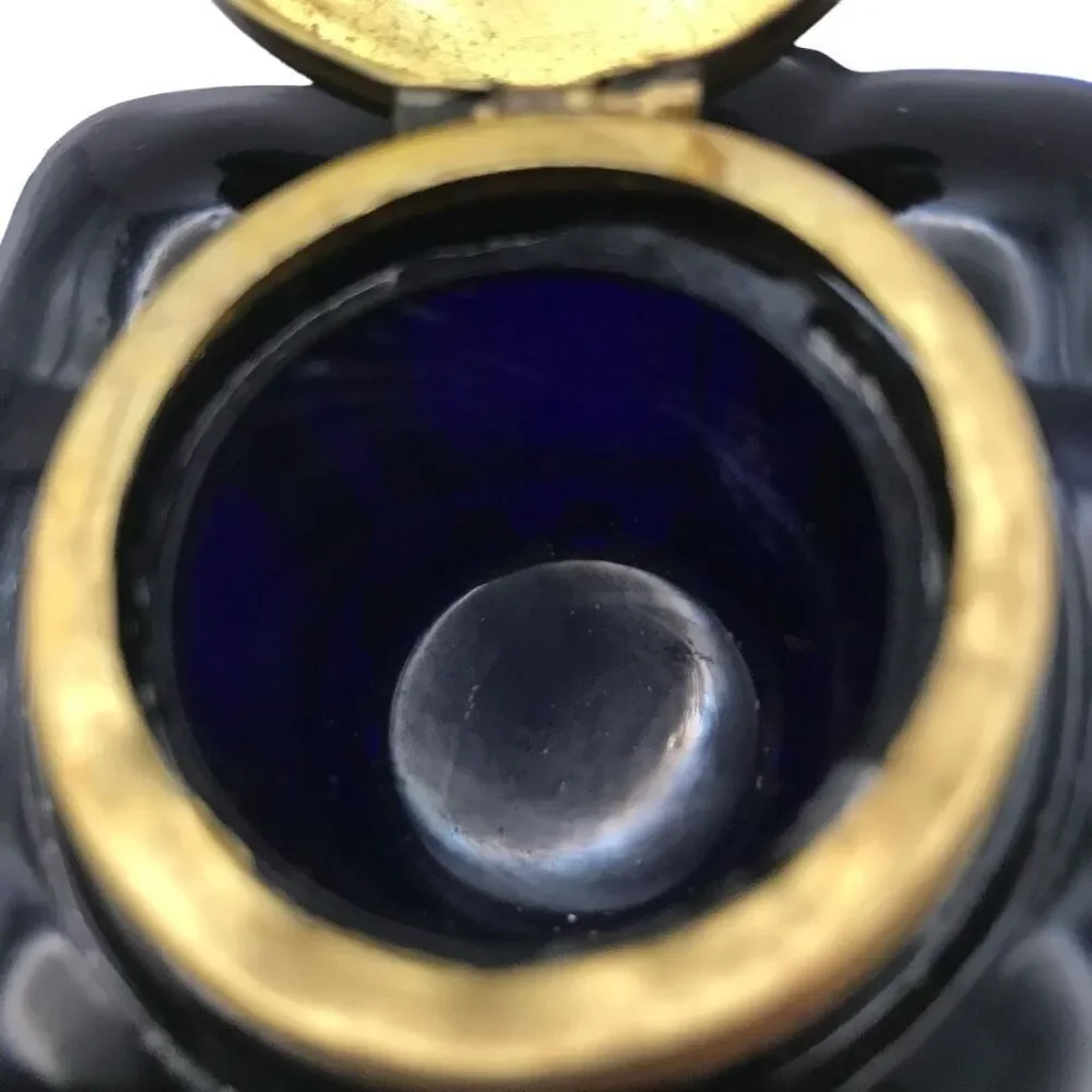 Antique Cobalt Glass Inkwell Square With Brass Hinged‎ Lid